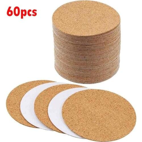 60pcs Adhesive Cork Coasters Plain Natural Cork Wine Drink Coffee Tea Cup Mats Backing Sheets DIY Home Office Kitchen Table Pad