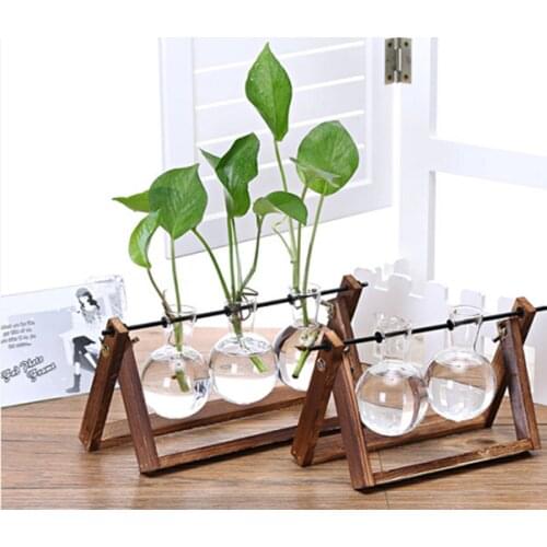 AA Wood Glass Tabletop Plant Bonsai Flower Glass Vases With Wooden Tray Home Decor