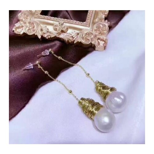 Free shipping>>>>noble jewelry CHAMING south sea NATURAL WHITE pearl earring yellow gold