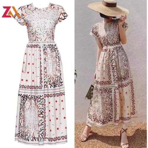 ZALady designer runway vintage printed midi long dresses for women summer light traf basic office style dress party clothes robe