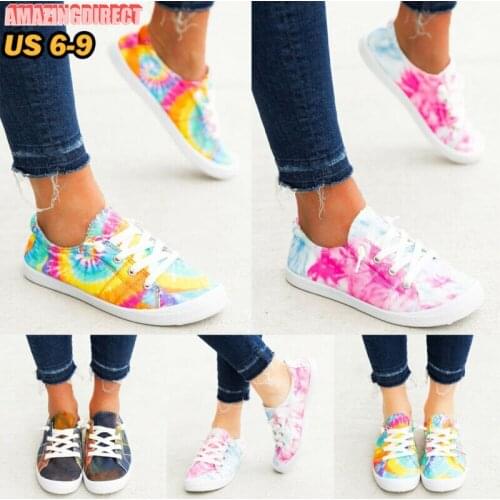 Women Tie Dye Canvas Loafers Flats Shoes Fashion Casual Lace Up Sneakers Size New Fashionable Comfortable Calico Shoes Summer