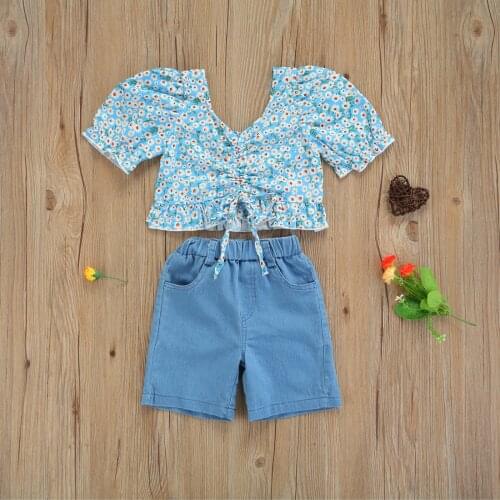 Girl’s T-shirt and Shorts Set Fashion Floral Short Sleeve Ruffles Tops and Solid Color Denim Short Pants