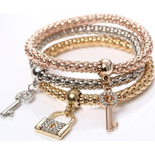 Zinc Alloy Crystal Key with Lock Pendant Bracelets Set Female Pendant for Women Jewelry Bracelets for Girls
