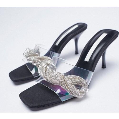 Summer New Transparent Word High Heel Sandals With Rhinestones Womens Fashion Open Toe Square Toe Stiletto Sandals And Slippers
