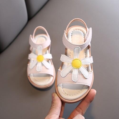 Summer Kids Korean Fashion Student Sandals For Toddler Baby Girls Open Toe Flats Sun Flower Beige Pink Casual Princess Sandals