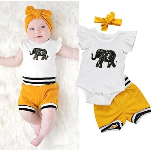 2020 Baby Summer Clothing 3PCS Toddler Baby Girl Clothes Sets Short Sleeve Elephant Romper Tops+Shorts+Headband Outfits
