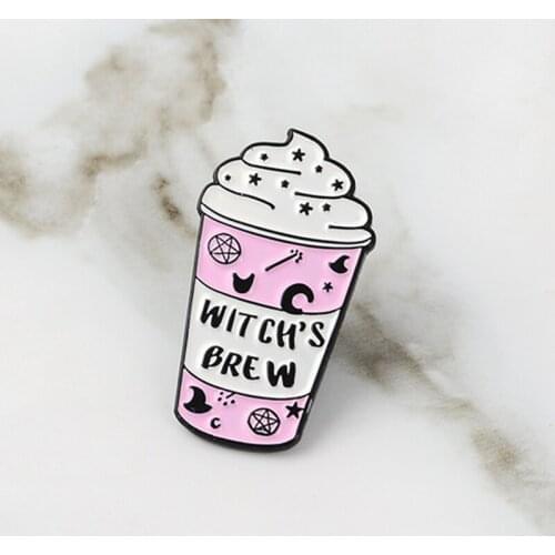 Mini Cartoon Icecream Float Coffee Mug Witchs Brew Wand Hat Pentagram Moon Brooches Witch Lapel pins Wicca Witchcraft jewelry