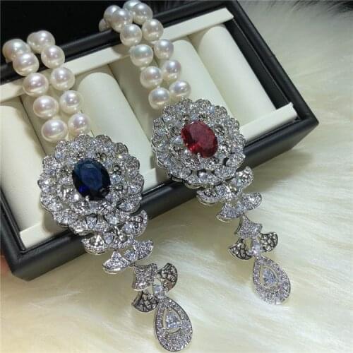 Fashionable natural freshwater pearl 9-10mm red blue zircon micro inlaid accessories pendant necklace long 45cm