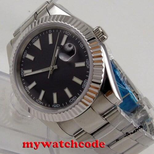 40mm Parnis Black Sterile Dial Date Widnow Stainless Steel Oyster Strap Vintage Automatic Movement Mens Watch P24