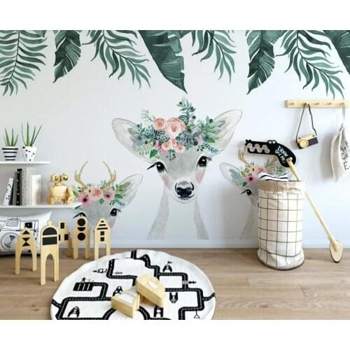 Bacal custom 3D wallpaper mural hand-painted watercolor fawn flower plant childrens room background living room decor huda