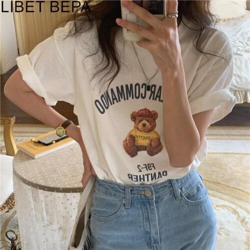 New 2021 Summer Women T-Shirts Fashion Mori Girls Streetwear Printed Bottoming Vintage Bear Cute Oversize Wild Lady Tops T9235