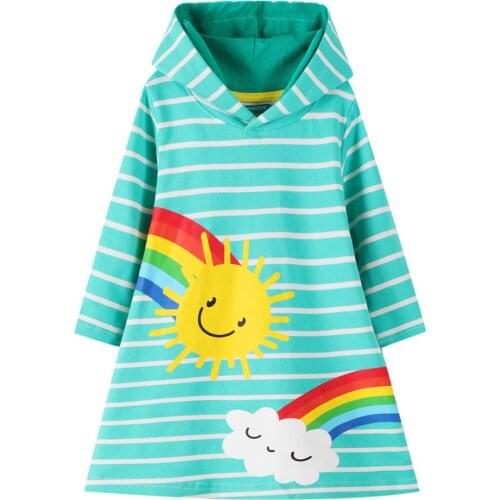 Autumn Spring Cartoon Rainbow Girls Sweater Hoodie Childrens Clothing Cotton Long-sleeved Hooded Dresses