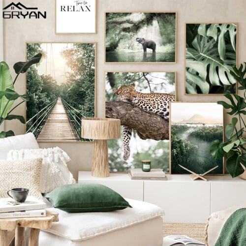 Jungle Landscape Canvas Poster Animal Leopard Elephant Print Painting Palm Leaves Forest River Bridge Nordic Picture Decoration