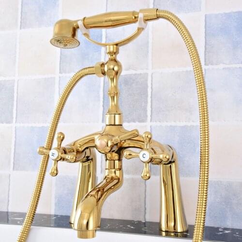 Luxury Gold Color Brass Deck Mounted Bathroom Tub Faucet Dual Handles Telephone Style Hand Shower Clawfoot Tub Filler atf775