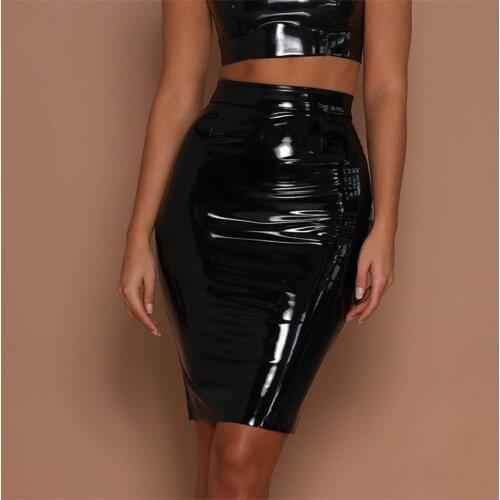 VIIANLES Pencil Bodycon Sexy Skirts Shiny PU Leather Skirt Women Party Club Fashion High Waist Zip Black Faux Leather Short