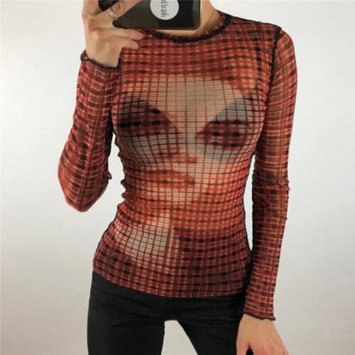Y2K Vintage Mesh T-shirt Mesh Print Top Women T-shirts Grunge Fairy Core 90s See-through Stretch Slim Soft Tee Shirts Mujer 2021