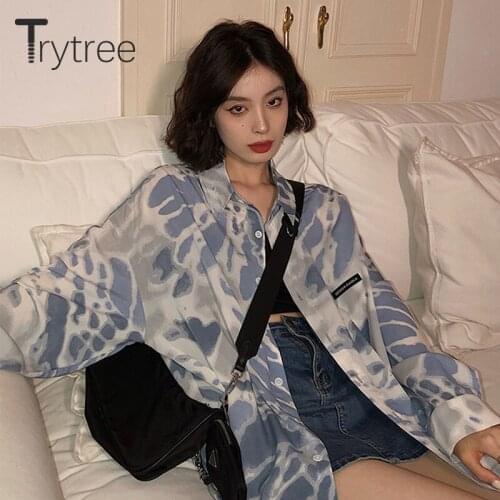 Trytree 2021 Spring Autumn Blouse Women Casual Cool Tie Dye Printed Turn-down Collar Single Breasted Streetwear Shirt Loose Tops