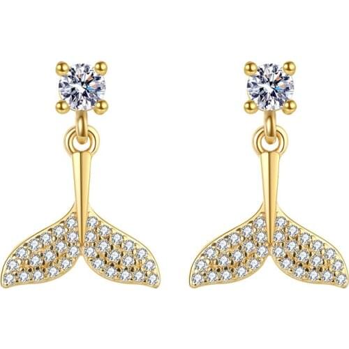 Womens Fashion Whale Tail Short Drop Earring Shiny Micro Crystal Paved Elegant Dangle Earring Piercing Stud Jewelry Gifts