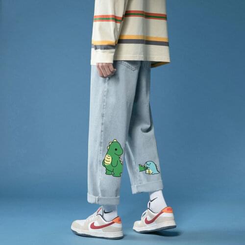 Men Jean Pants Harajuku Basic Cartoon Anime Printing Teens Streetwear Casual Workout Trouser Loose Hip Hop Pants Unisex