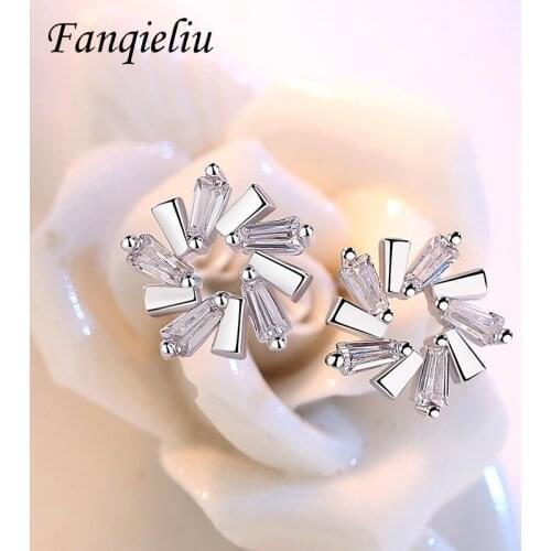Fanqieliu Luxury S925 Sterling Silver Stud Earrings For Women Crystal Flower Earring Studs Woman FQL20480