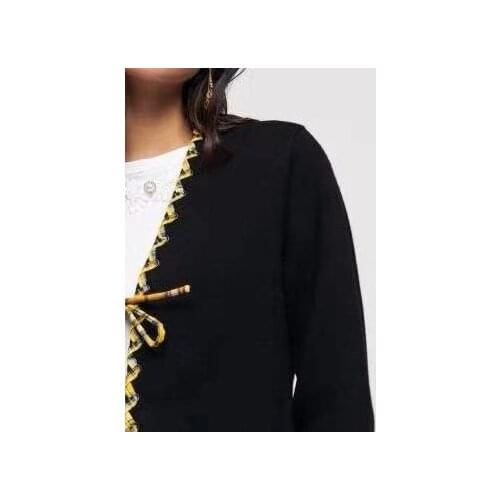 Women Knitted Cardigan 2021 Spring Autumn V Neck Top Knit Plaid Jacket with Pockets Loose Causal Knitwear