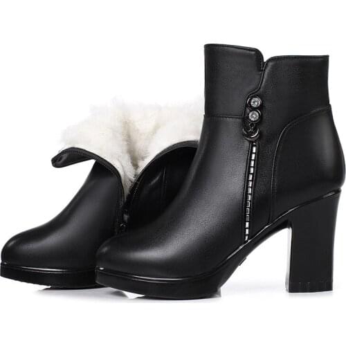 Winter Womens Boots Leather Booties High Heel Thick with Cotton Shoes Plus Velvet Warm Martin Boots Women Shoes