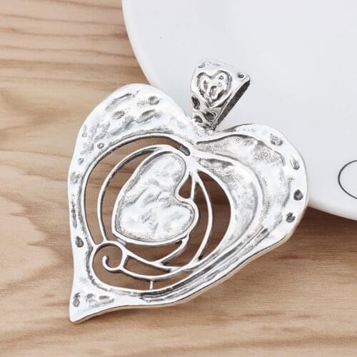 2 Pieces Tibetan Silver Large Hammered Heart Charms Pendants for Necklace Jewellery Making Accessories 73x62mm