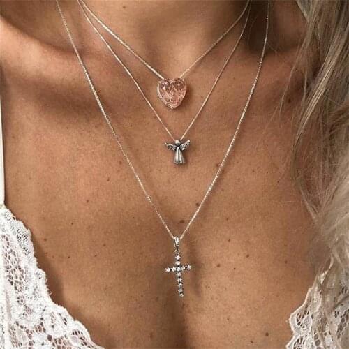 3 Pcs/Set Romantic Necklaces Pink Crystal Heart Angel Cross Pendant Silver Color Necklace Set Beautiful Valentines Day Gift