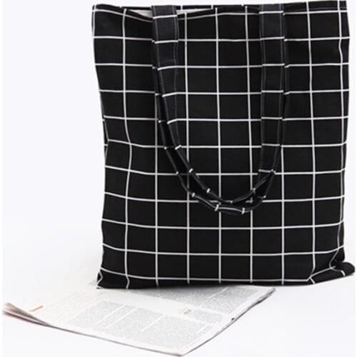 8PCS / LOT Women Shopping Bag Environmental Canvas Women Grid Large Tote Pouch Casual Folding Girls Simple Shoulder Bag