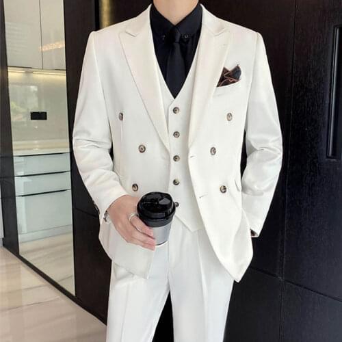 Blazers Pants Vest Sets / 2021 Fashion Mens Business Casual Boutique Double Breasted Suit Coat Trousers Waistcoat 3 Pieces Sets