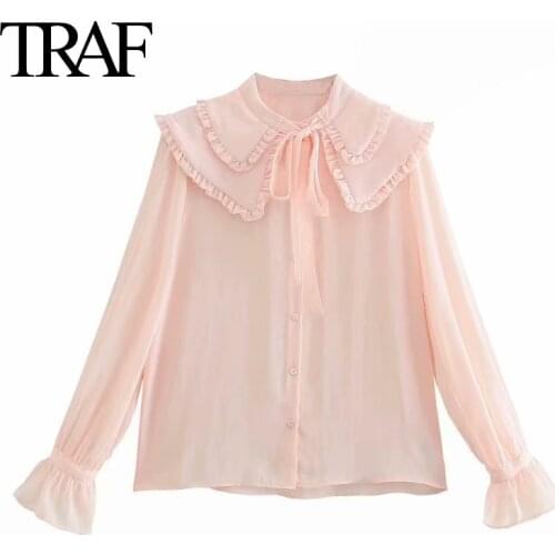 Traf Za Women Clothing Korean Fashion Pink Bow Shirts Button Up Loose Long Sleeve Blouses Office Ladies Tops Mujer