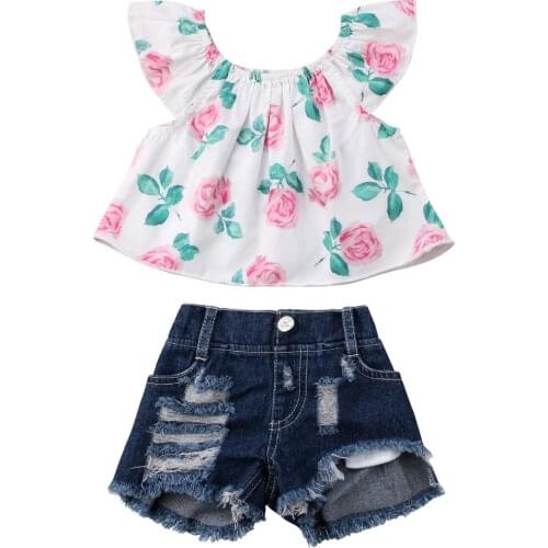 Citgeett Newborn Kids Baby Girls Off Shoulder Flower Tops Denim Hollow Jeans Outfits Fashion Summer Set Clothes