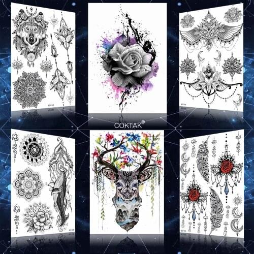 COKTAK Women Arm Big Watercolor Deer Horn Rose ELK Temporary Tattoos Stickers Body Art Drawing Tattoo Girls Flash Fake Tatoos