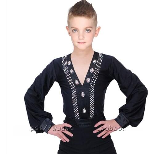 Children Boy Ballroom Latin Dance Tops Black Blue Red Rhinestone Ballroom Latino Dancing Professional Shirt For Kids DWY1137