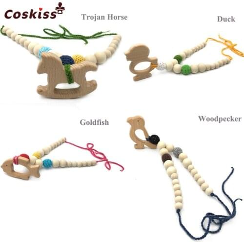 Crochet Beads Baby Teether Necklace Beads Safe Chunky Teething Necklace Wooden Animal Wooden Crochet Nursing Teether Baby Toy