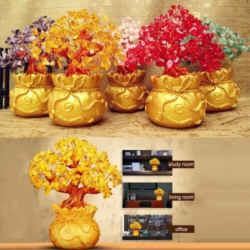 Feng Shui Money Wealth Tree Yellow Citrine Amethyst Crystal Gem Spiritual Lucky Yuanbao Craft Gold Ingot Fortune Ornaments Decor