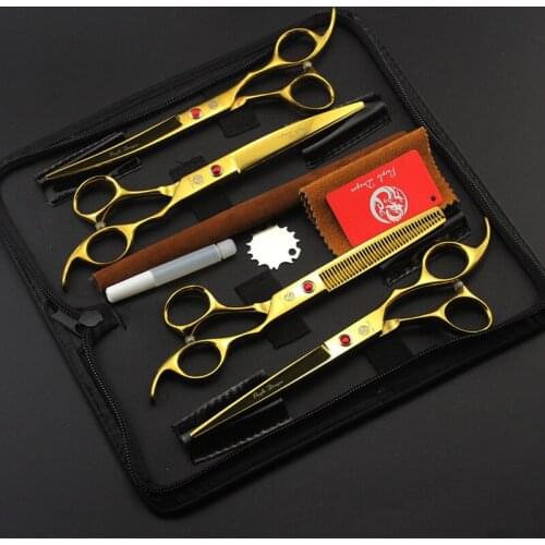 Purple Dragon Brand 7 inch Professional Pet Dog Grooming Scissors (Straight +2 Curved +Thin) 4pcs shears/ set In Pet Supplies