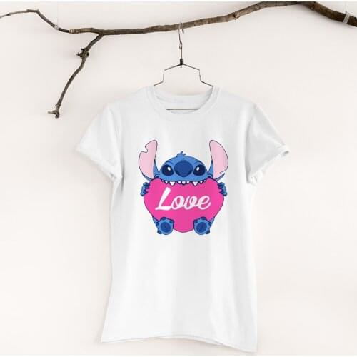 Korean Style T-Shirt Female Disney Series Cartoon Pattern T Shirt Black White Tees Dropship Lilo & Stitch Printing Tshirts Women