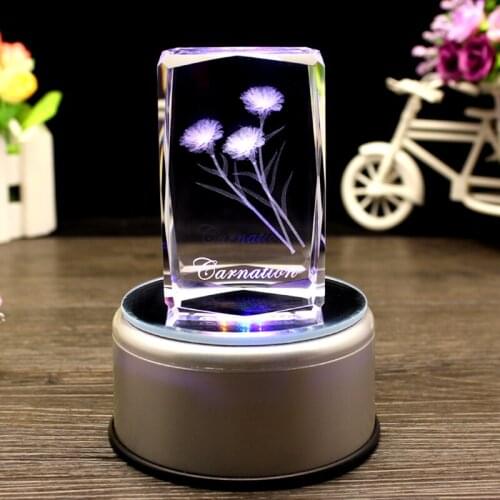 Hot Fashion Mother Days Gifts Crystal Carnation Flower 3D Laser Engraving Souvenirs Craft