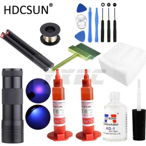LOCA tp-2500 UV Glue 5ml + UV curing light+Uv Glue Remover +Cutting Wire+clothes + clean knife + pry tool For iphone LCD Repair