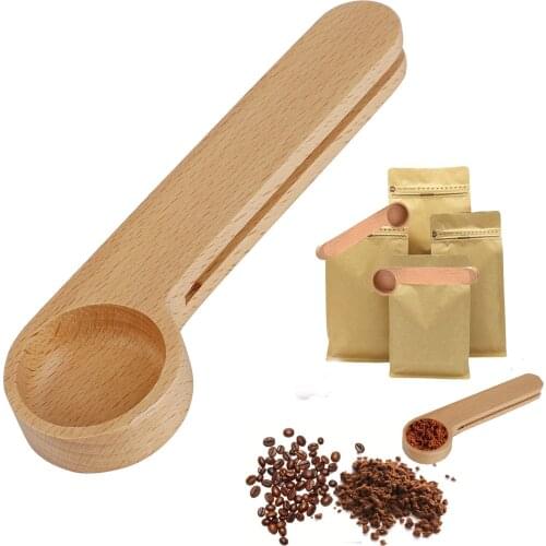 Ground Coffee Scoop Clip Wooden Coffee Scooper Tablespoon wood Measuring Spoon Long Handle Wood Sealing Bag Clip