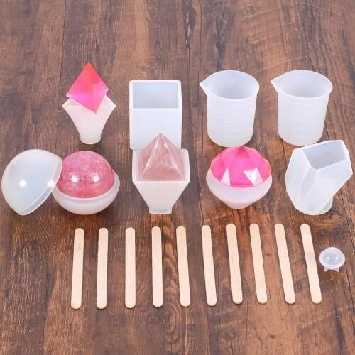 19Pcs Craft Casting Tools Set Diamond Ball Cube Pyramid Silicone Resin Molds Measuring Cups Wooden Sticks Jewelry Making