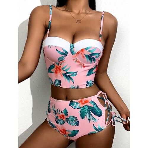 Sexy Green Plant Pink Bikini Set For Women Summer Drawstring Tie Side Swimwear High Waisted Backless Padded Swimsuit Top F50
