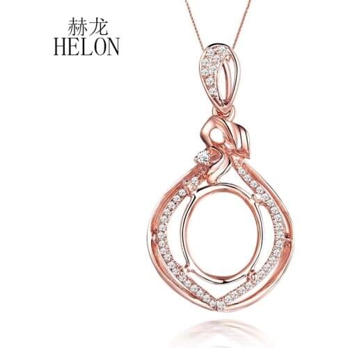 HELON Oval Cut 9x11mm Solid 14K Rose Gold Natural Diamonds Semi Mount Pendant For Women Wedding Fine Jewelry Diamonds Pendant