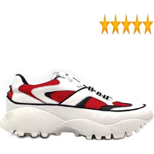 Handmade 2021 Mesh Breathable Street Sneaker Cow Leather Red White Spliced Fashion Platform Hip Hop Shoes Men Trainers