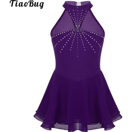 TiaoBug Kids Girls Sleeveless Halter Sparkly Rhinestone Mesh Splice Figure Ice Skating Roller Skating Ballet Dance Leotard Dress