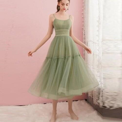 Green Elegant Prom Dress A Line Tulle Sparkly Spaghetti Strap Sweetheart Neck Ankle Length Formal Evening Graduation Gowns 2021