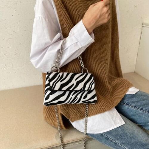 Women Chic Chain Flap Over Crossbody Shoulder Bag Zebra Stripes Travel Handbag