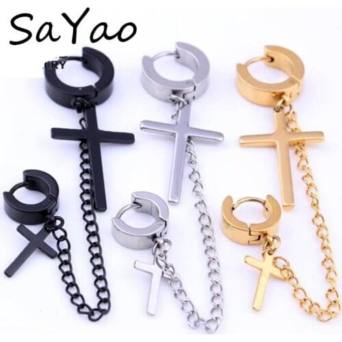 SaYao 1Piece 2018 Punk Cross Stainless Steel Stud Earring Long Tassels Men Women Crosses Huggie Earrings Body Piercing Jewelry