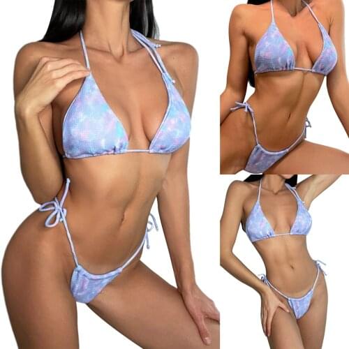 Women’s Tie-dyed 2Pcs Bikini Suit Split Style Drawstring Lace-up Halter Tops with Side Tie Triangle Bottoms De Playa Para Mujer
